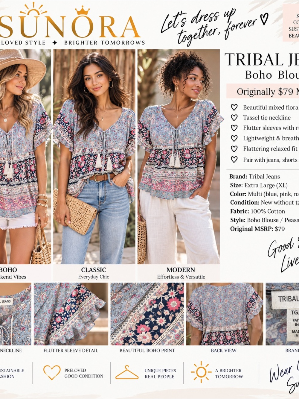 Tribal Multi-Color Boho Blouse in Blue, Pink & Cream